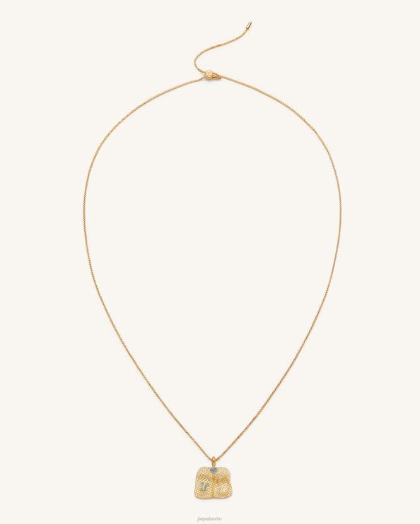 18 Karat vergoldet, meerblauer Zirkon und grüner Nano JW PEI Halskette mit Bananenfächer-Anhänger 400P6355